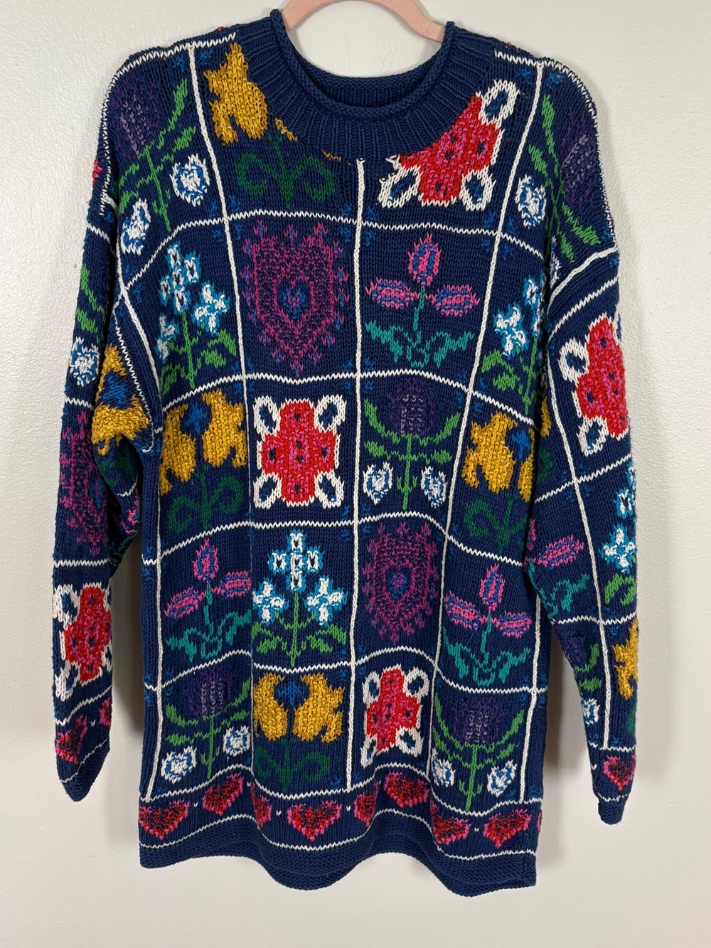 VTG Cottagecore Hand Knit Cape Island Knitters Blue Patchwork Sweater